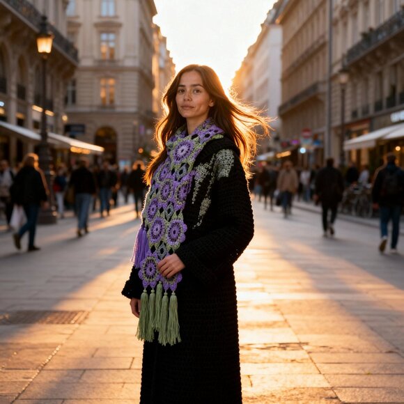 Black Long Sweater with Light Purple Rose and Scarf XL Plus - Picture 11 of 11